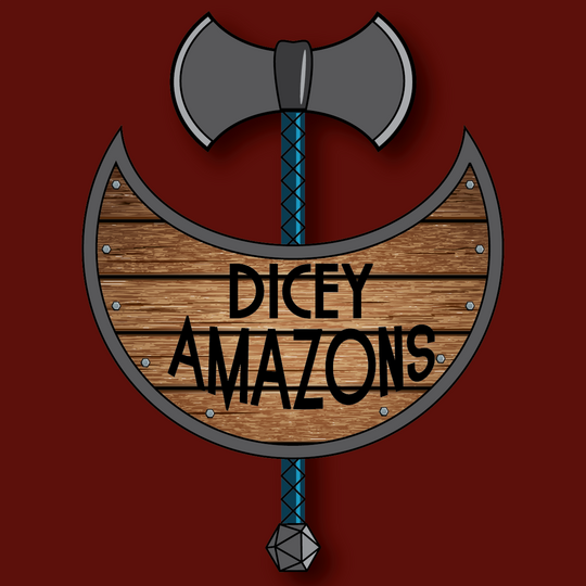 Dicey Amazons Logo - an axe behind a crescent shield with Dicey Amazons on it.